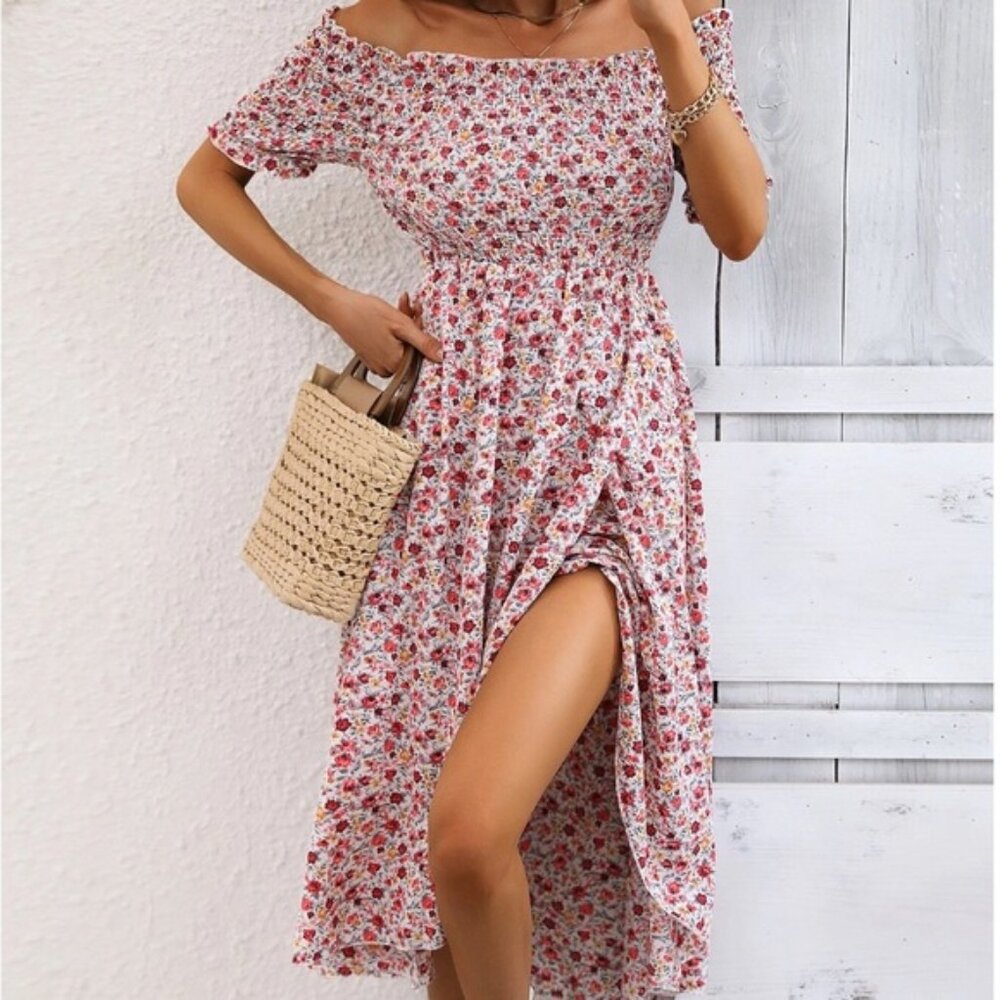 Blue Square Neck Ruffle Hem Dress